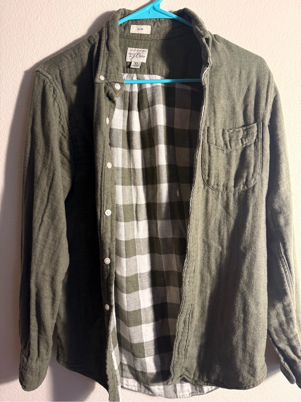 J. Crew Olive Green Lightweight Shirt with Checked Lining